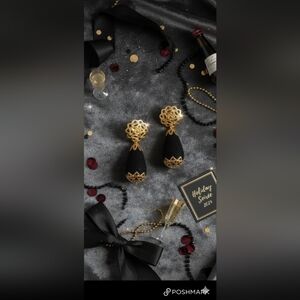 Vintage Gold Tone Black Felt Dangle Earrings